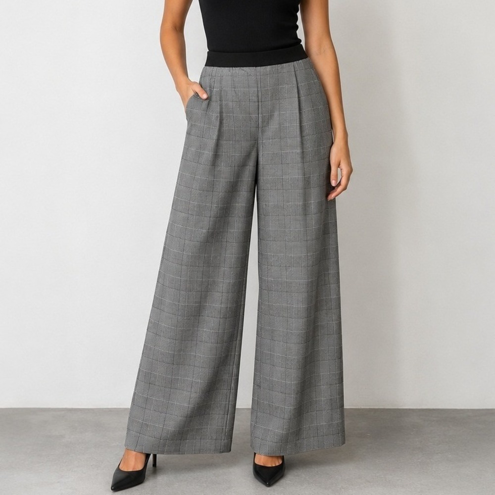 NVLT Plaid Wide Leg Trousers L Black Grey High Rise Glen Check Pants